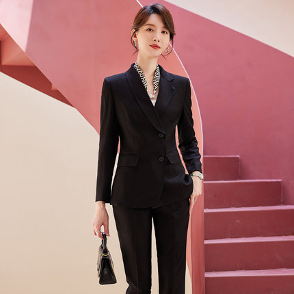 诗璐雅黑色女士职业西装套装秋冬小个子九分裤长袖正装西服两件套