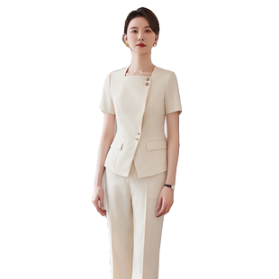 诗璐雅2026夏季新款杏色职业西装套装女短袖薄款酒店美容院工作服