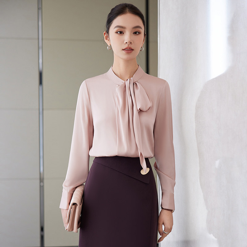 诗璐雅高级感纯色衬衣女春季韩版新款飘带长袖上衣职业通勤衬衫女