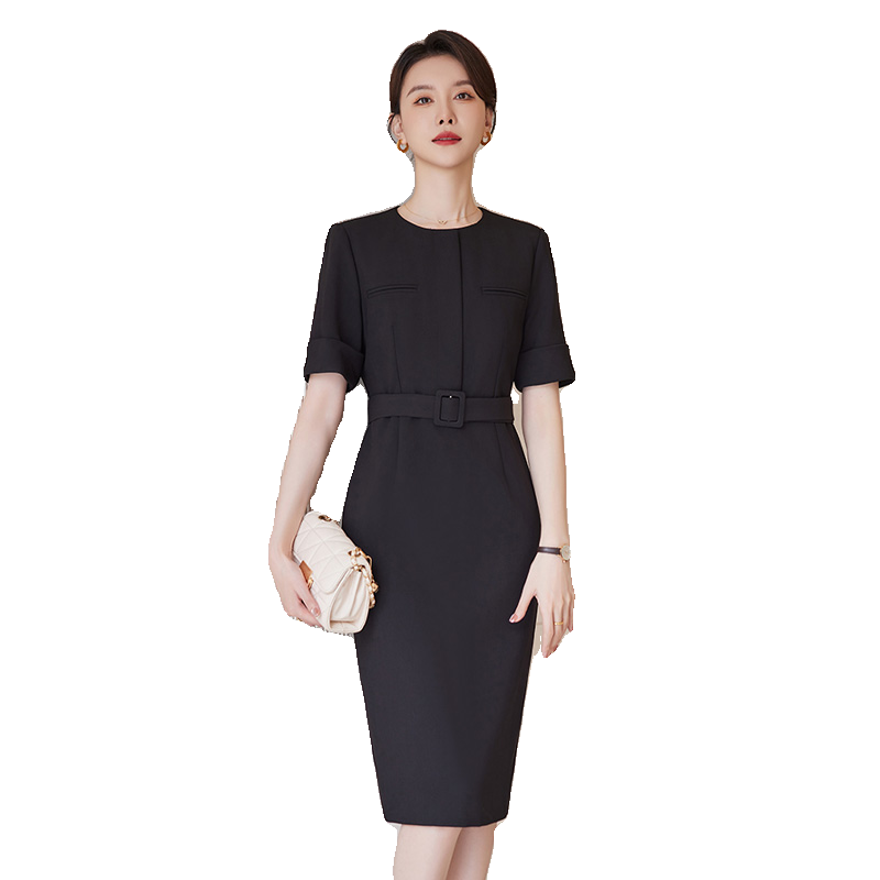 诗璐雅黑色短袖圆领西服连衣裙夏
