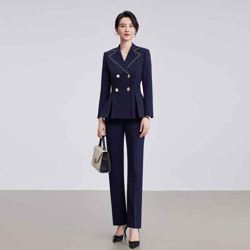 诗璐雅西装套装女士长袖职业装行政酒店前台工作服接待工装藏青色