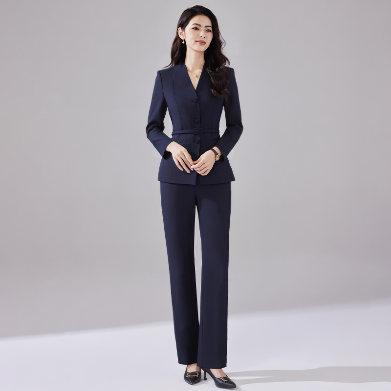 诗璐雅藏青色职业长袖西装套装女通勤酒店前台工装案场客服工作服