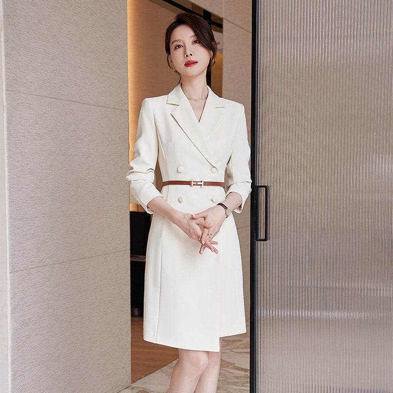诗璐雅米白色中长款西装领连衣裙ol轻职风高级感商务主持正装裙子