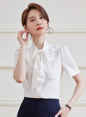 诗璐雅职业衬衫女士夏季短袖白色衬衣工作服气质优雅飘带雪纺上衣