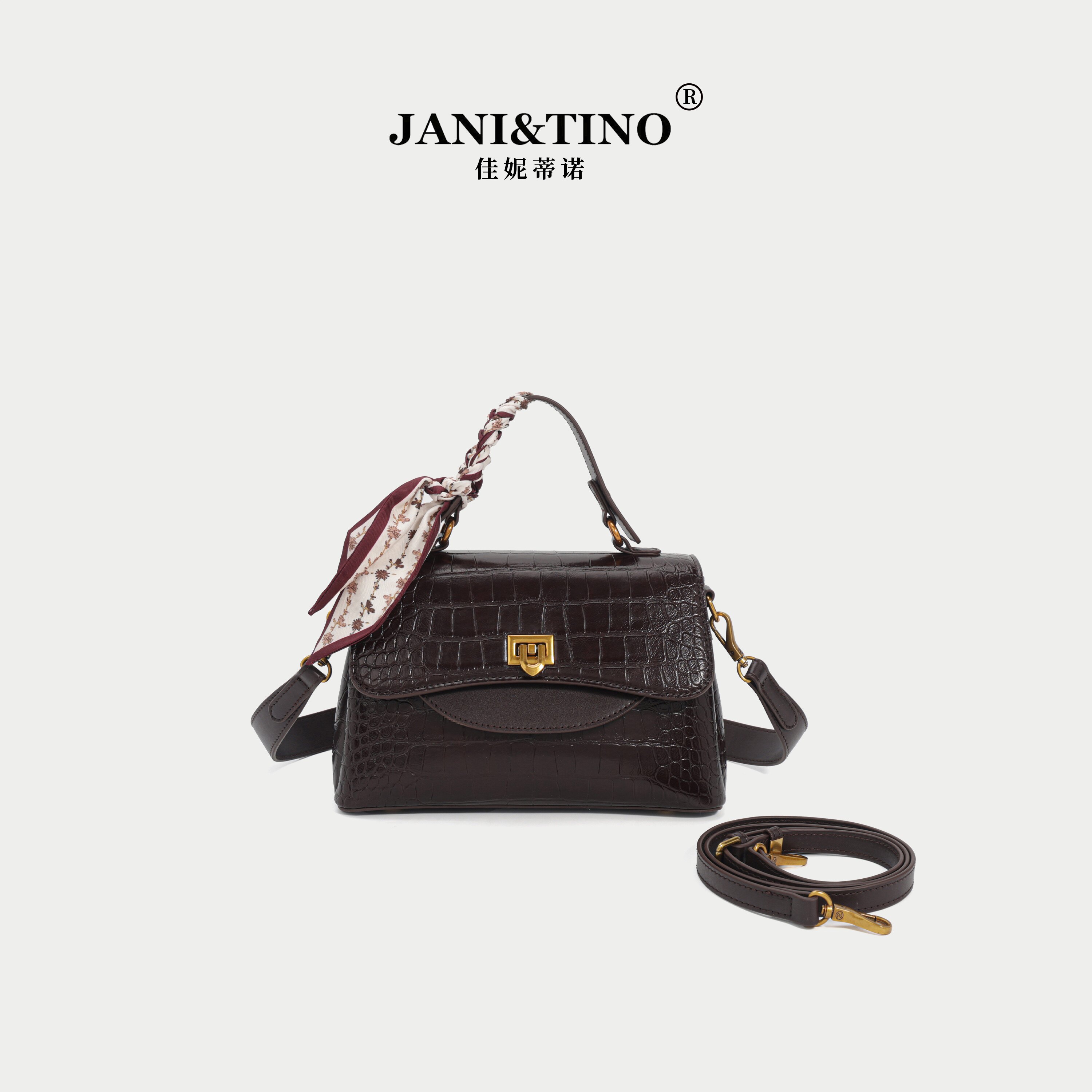 JANITINO/佳妮蒂诺轻奢复古鳄鱼纹凯莉包高级感亮面锁扣手提女包