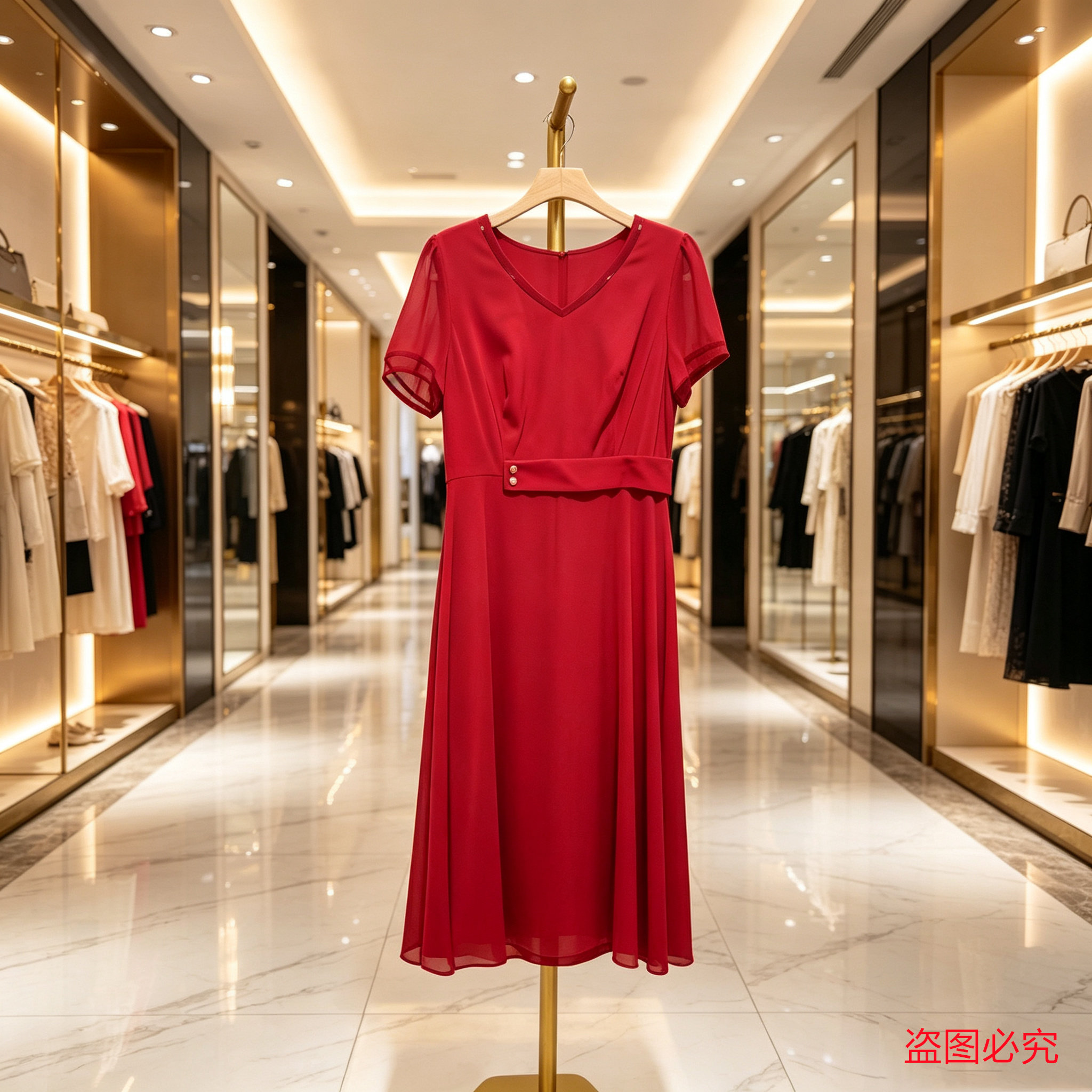 红色V领雪纺连衣裙女夏短袖气质婚宴敬酒收腰大摆中长款裙子