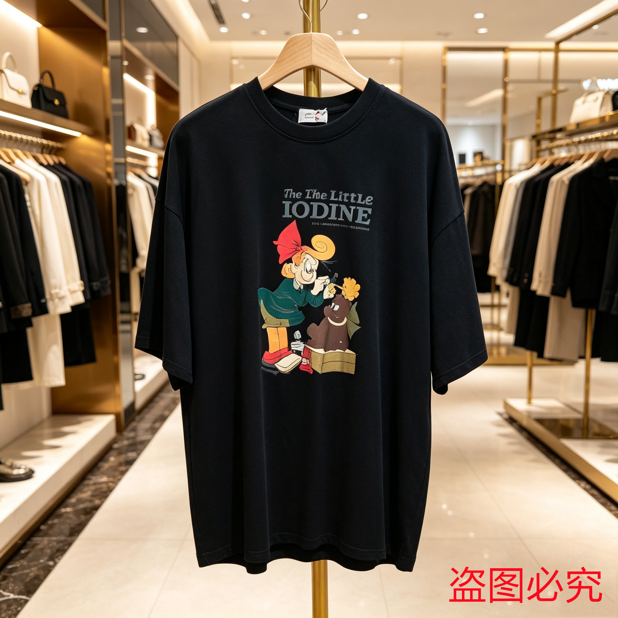 复古卡通印花黑色宽松短袖T恤