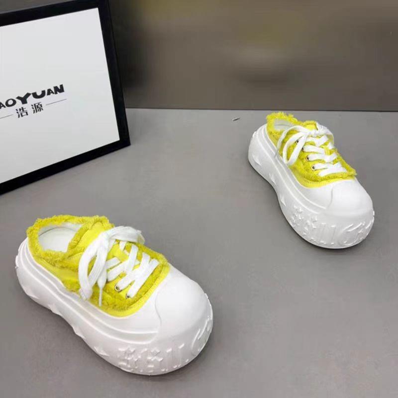 品牌牛仔布面包鞋小个子松糕厚底包头半拖鞋女增高休闲运动鞋外穿