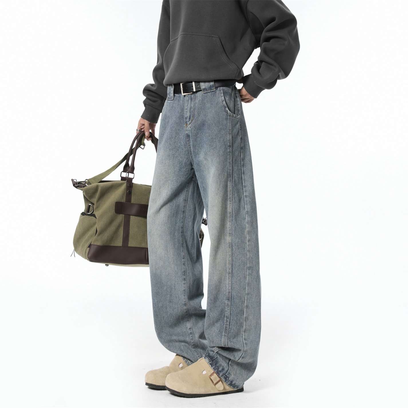 美式高街牛仔裤子男款秋冬季痞帅复古潮牌垂感直筒长裤阔腿工装裤