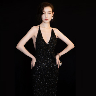 高端晚礼服亮片裙气质黑色吊带裙性感露背深V倪妮同款连衣裙礼服