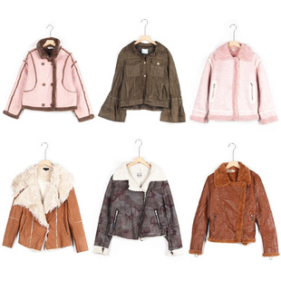 PF 古着Vintage中古风彷毛领皮衣女款麂皮绒加绒保暖机车夹克外套