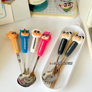 正版蜡笔小新高颜值儿童勺子叉子304不锈钢便捷餐具西瓜勺 甜品叉