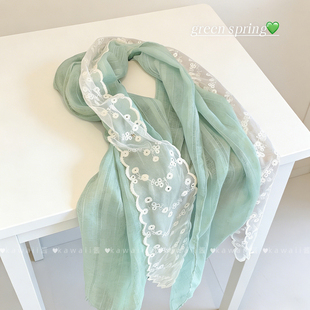 茉莉青提森系绿色蕾丝叠戴丝巾春夏温柔田园风围巾纯欲感围脖飘带