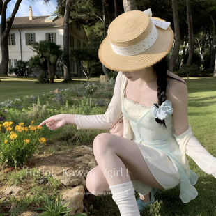 波点平顶蝴蝶结草帽女海边度假风出游平沿礼帽遮阳草编防晒帽 法式