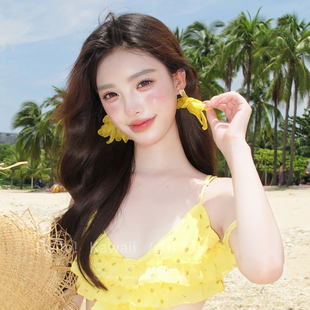 波西米亚耳饰女耳钉耳夹 海边度假氛围黄色花瓣流苏耳环2026年新款