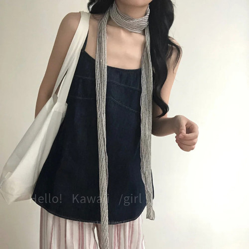 复古文艺风条纹亚麻丝巾