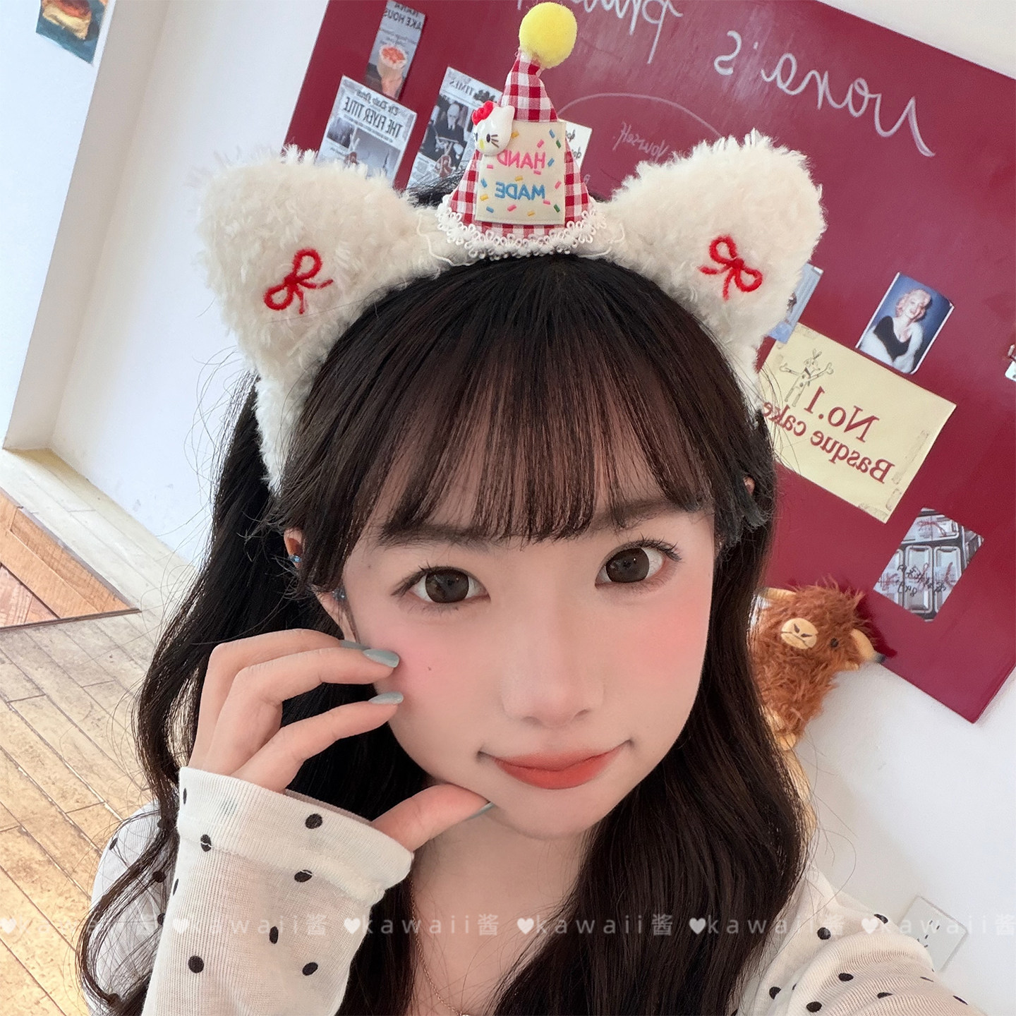 白色软萌可爱毛绒猫咪耳朵格纹蝴蝶结发箍新款甜美卡通洗脸头饰女