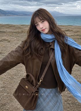 蓝色棉麻围巾薄款女2026新款大西北川西旅游拍照氛围感披肩两用
