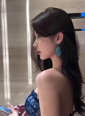 蓝色镶钻花朵耳环新款银针夸张设计感气质女耳坠复古轻奢水钻耳饰