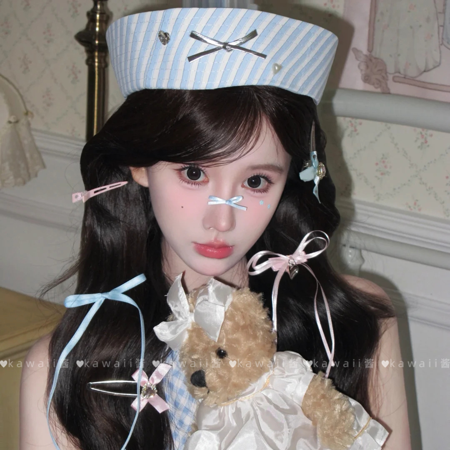 日系甜美爱心钻石蝴蝶结水手帽