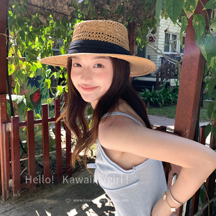 显脸小遮阳防晒礼帽海边沙滩拍照出片帽子 老钱风镂空平顶草帽法式