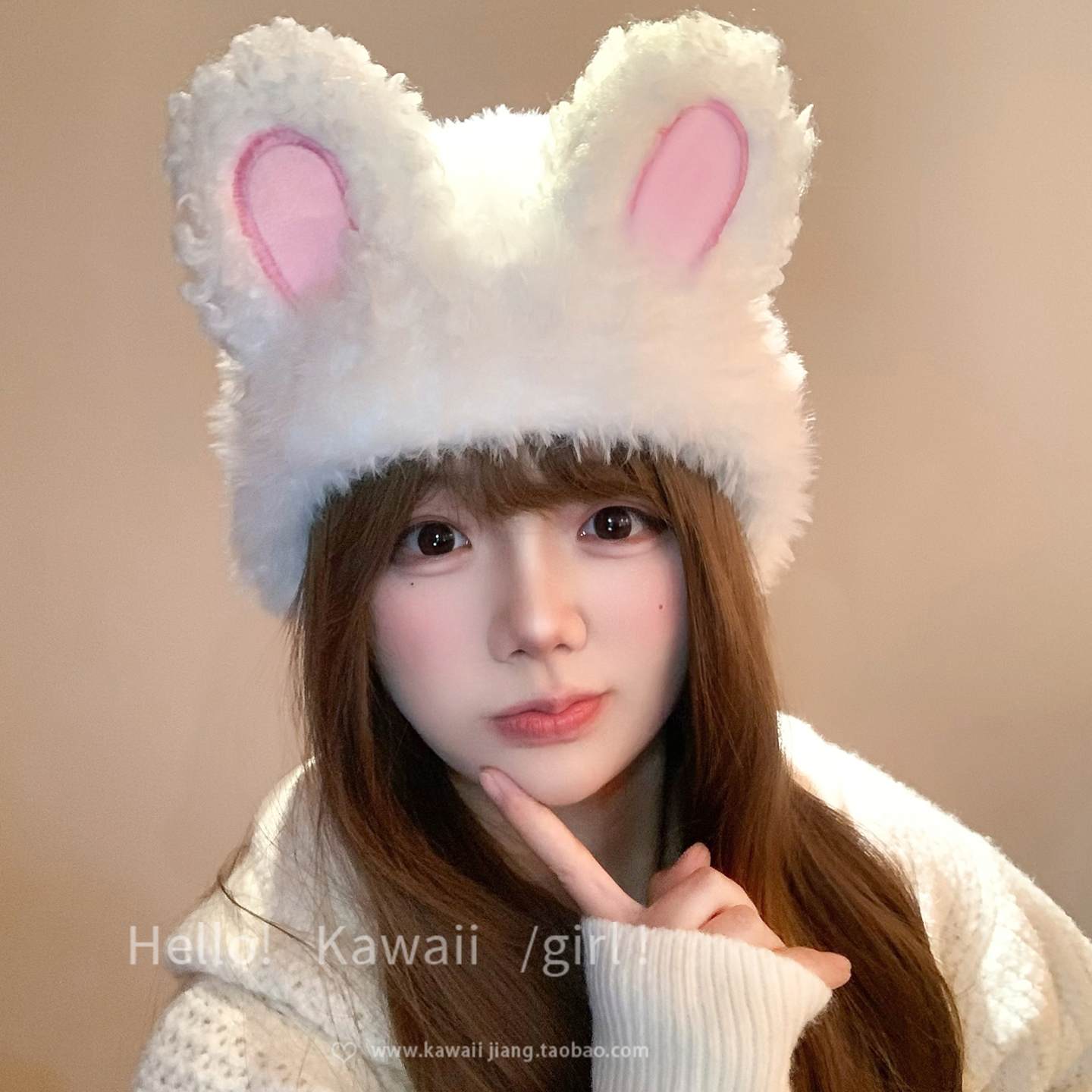 毛绒可爱兔子耳朵帽子女秋冬季针织保暖加厚显脸小防寒护耳包头帽