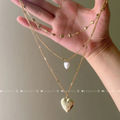 中古vintage质感爱心珍珠项链复古多层叠戴锁骨链时尚 甜酷风颈链