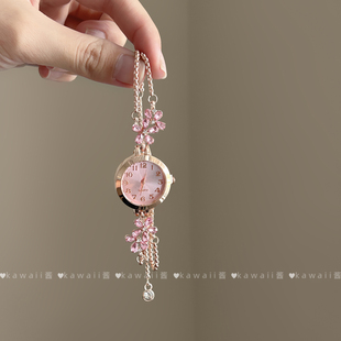 Vintage古着粉色花朵手表轻奢气质日常通勤腕表抽拉绳可调节手饰