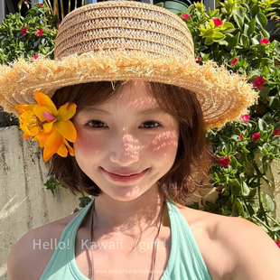 遮阳防晒帽海边沙滩旅游帽子 田园风度假镂空平顶毛边草帽2026新款