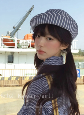 夏季蓝色条纹水手帽女日系百搭翻檐盆帽辣妹海军风护士帽网红帽子