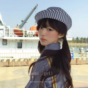 夏季蓝色条纹水手帽女日系百搭翻檐盆帽辣妹海军风护士帽网红帽子