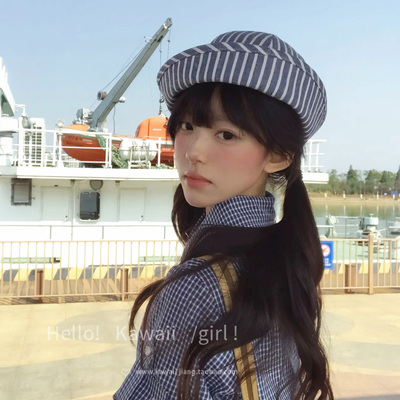 夏季蓝色条纹水手帽女日系百搭翻檐盆帽辣妹海军风护士帽网红帽子