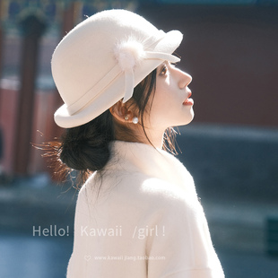 留洋小千金全澳毛白色礼帽法式复古赫本风盆帽秋冬优雅气质贝雷帽