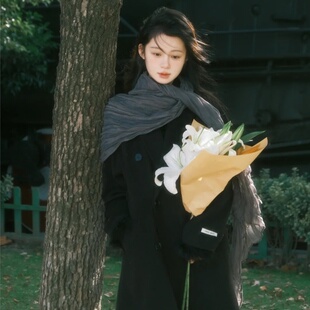 县城文学 丝巾系脖亚麻纱巾 森系灰色文艺复古棉麻围巾女秋冬薄款