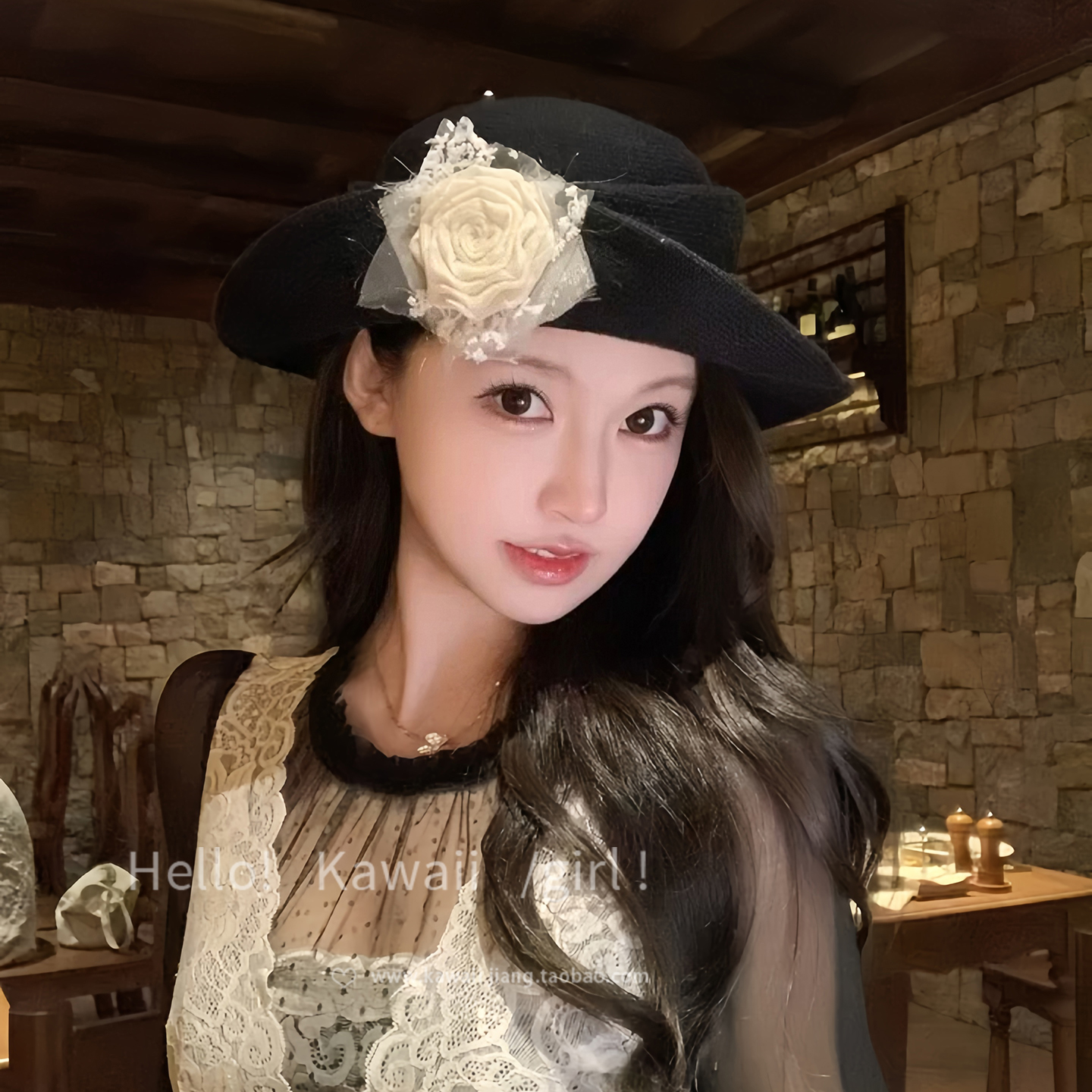 千金风法式优雅山茶花卷边礼帽