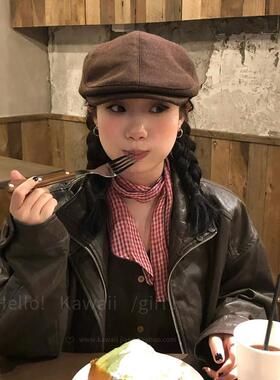 复古文艺红色格子丝巾亚麻韩版长条系脖领带百搭时尚配饰领巾围巾