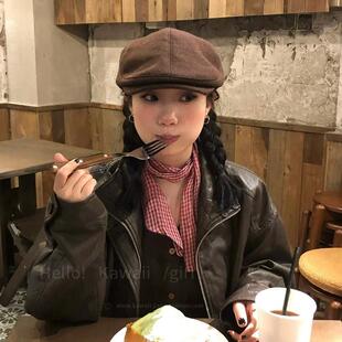 复古文艺红色格子丝巾亚麻韩版 配饰领巾围巾 长条系脖领带百搭时尚