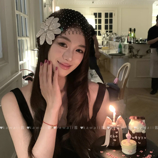 轻奢复古高级感新娘婚礼晚礼服发饰 千金名媛风闪钻花朵网纱帽法式