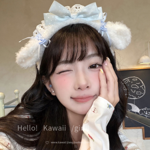蓝色可爱羊羔毛兔耳发箍甜美少女温柔花边洗脸头箍洛丽塔拍照发饰