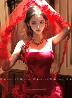万圣节红色头纱复仇新娘哥特亚文化cos蕾丝遮面盖头道具法式头饰