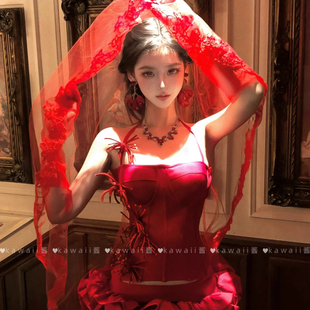 万圣节红色头纱复仇新娘哥特亚文化cos蕾丝遮面盖头道具法式头饰