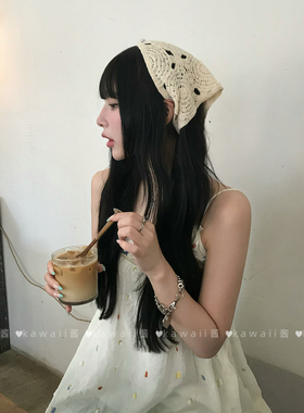 法式田园风白色花朵手工钩织头巾
