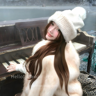 韩系白色毛球针织帽女冬季氛围感百搭大头围显脸小冷帽加厚包头帽