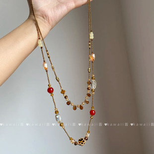 中古vintage双层叠戴串珠项链女美拉德复古毛衣链小众不规则颈链