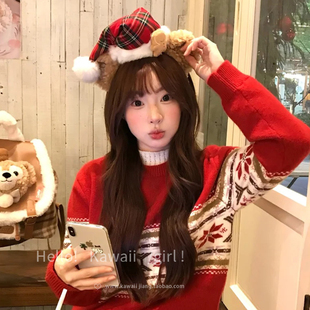 圣诞节氛围感毛绒小熊耳朵圣诞帽少女心达菲熊发箍游乐园拍照道具