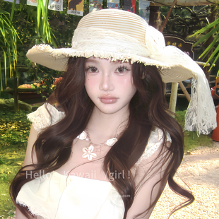 泰兰德清迈风蕾丝珍珠草帽法式 海边度假大帽檐防晒遮阳帽 甜美夏季