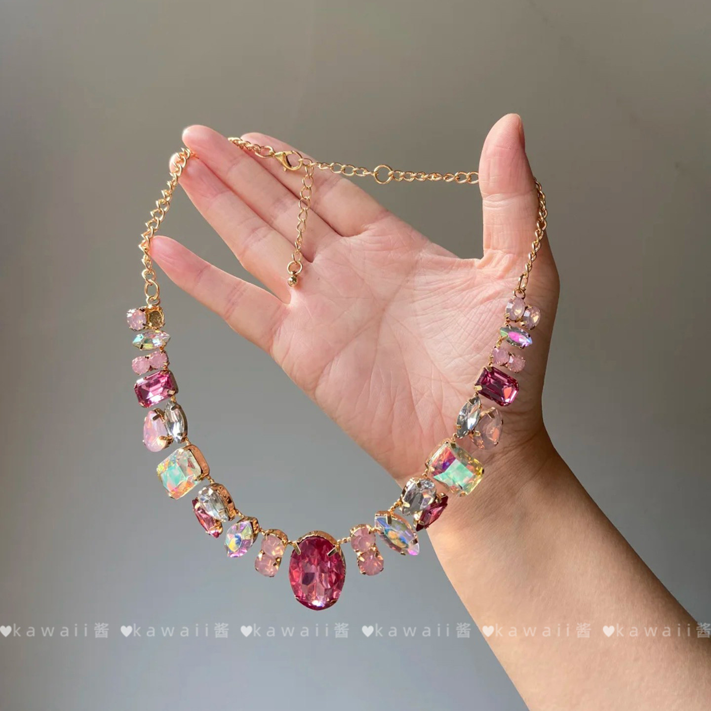 巴克洛宫廷风粉色几何水钻项链轻奢贵气感小众晚宴女主颈链锁骨链