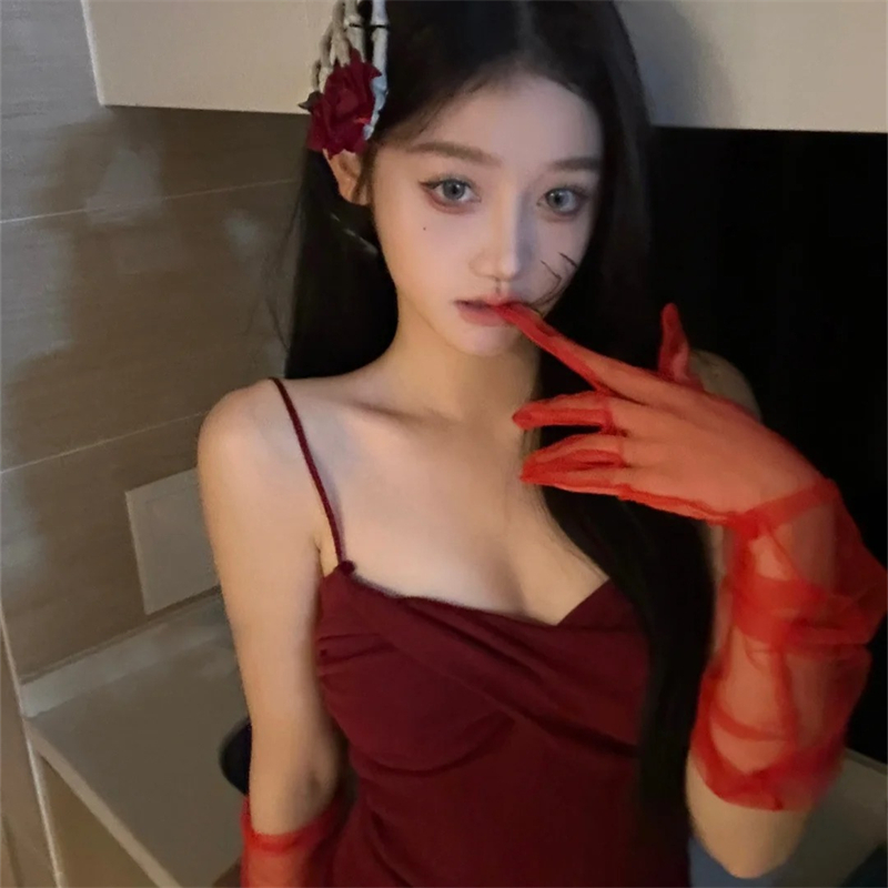 纯欲酒红色透明网纱手套