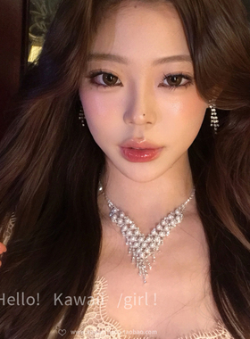 法式珍珠水钻流苏项链套装轻奢宫廷风耳环贵气感晚宴礼服配饰耳饰