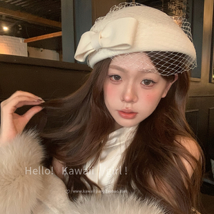 复古白色蝴蝶结羊毛礼帽富家千金优雅气质贝雷帽秋冬小众帽子 法式